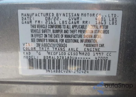 2022 Nissan Sentra Sv Xtronic Cvt из США, поврежденный, VIN 3N1AB8CV2NY290424